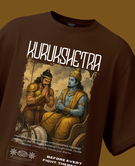 Brown t-shirt with 'Kurukshetra' graphic design 