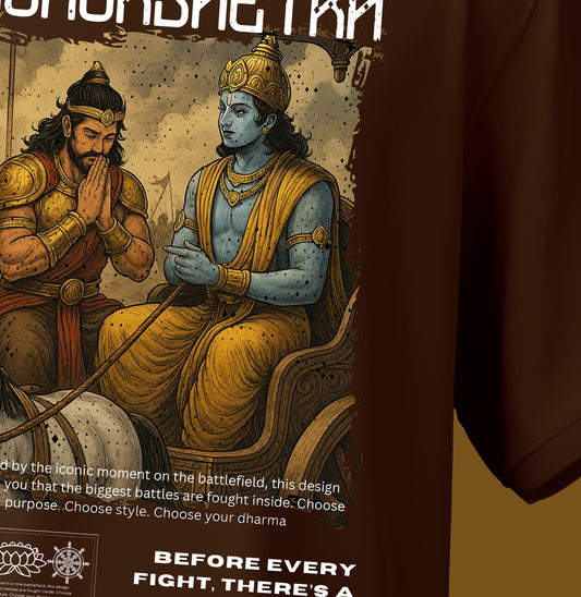 T-shirt with an illustration of two warriors on brown background.