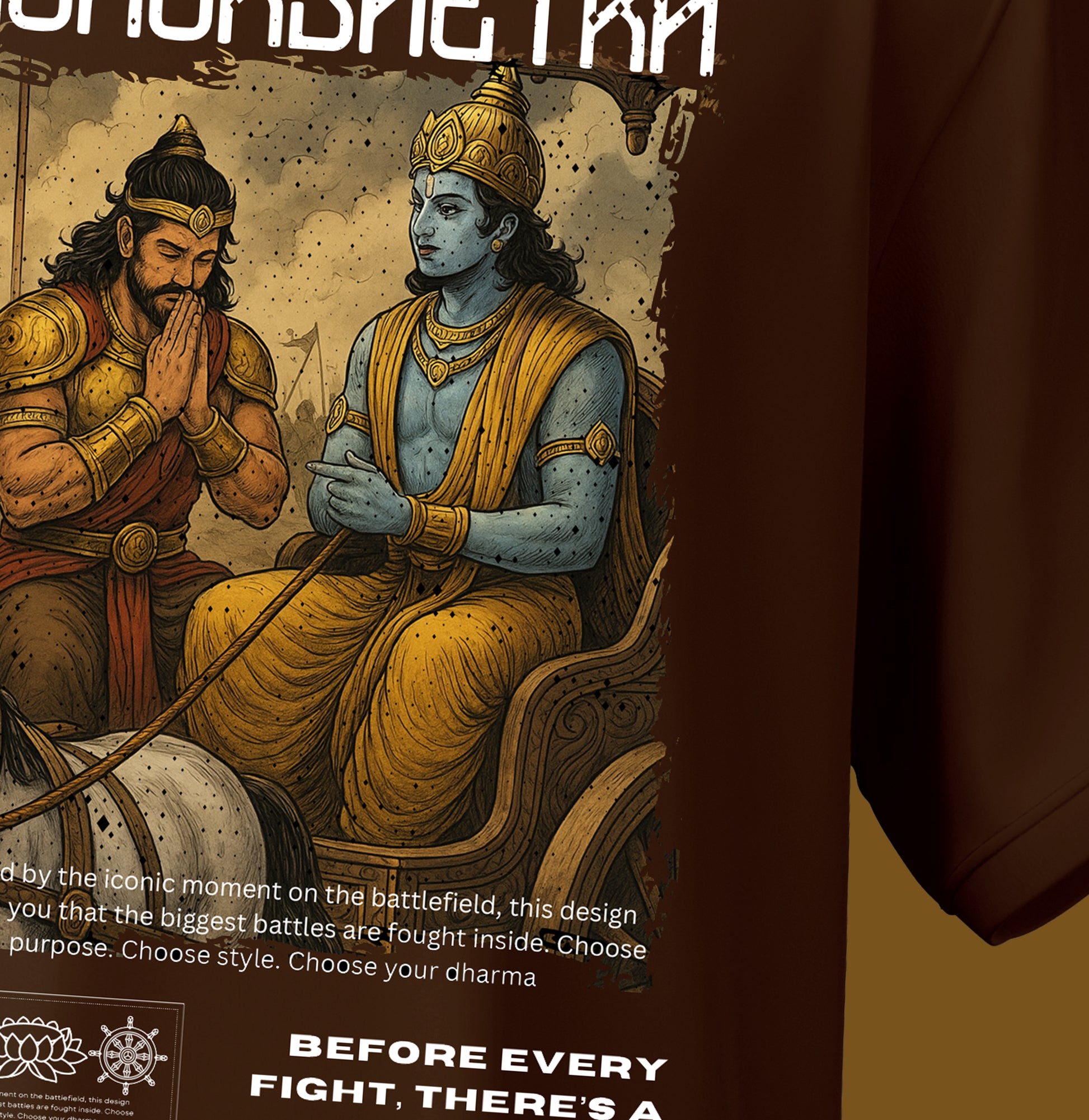 T-shirt with an illustration of two warriors on brown background.