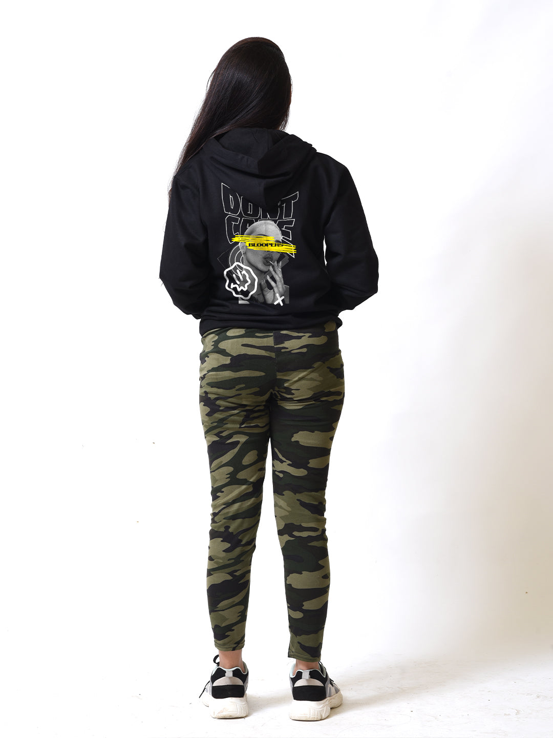 Don't care Cotton Black Hoodie for Women