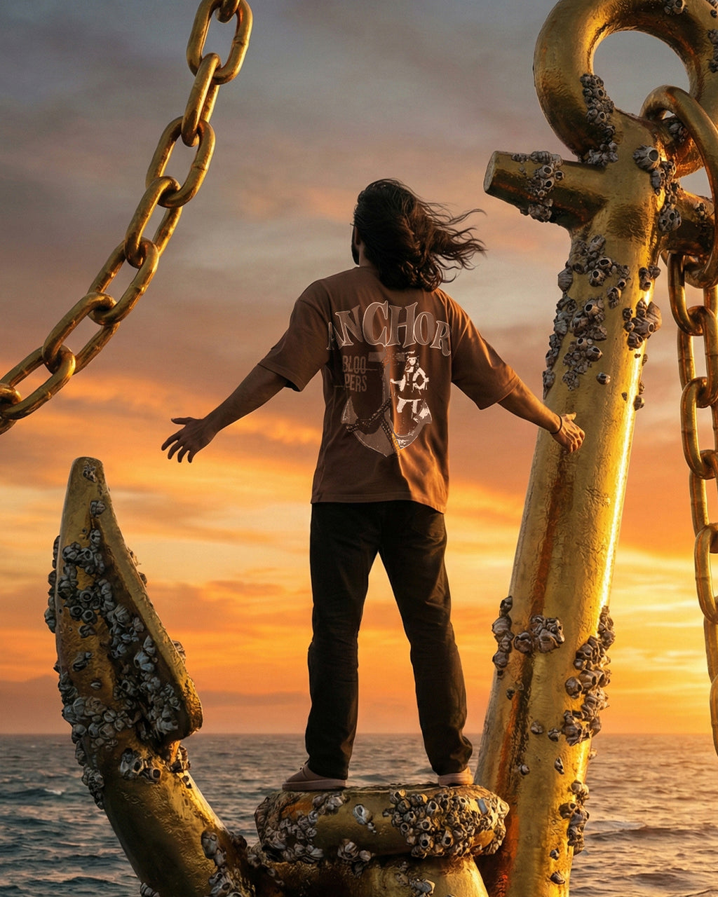 Anchor Brown Oversized Casual Loose Fit Round neck T-shirt for men