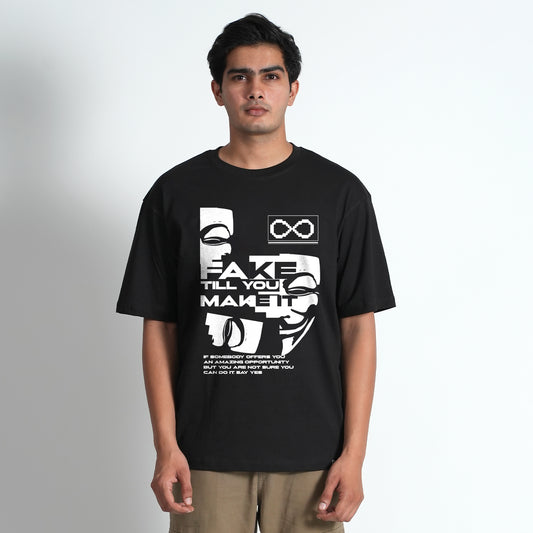 Fake Black Oversized Dropshoulder Graphic Printed Oversized T-shirt