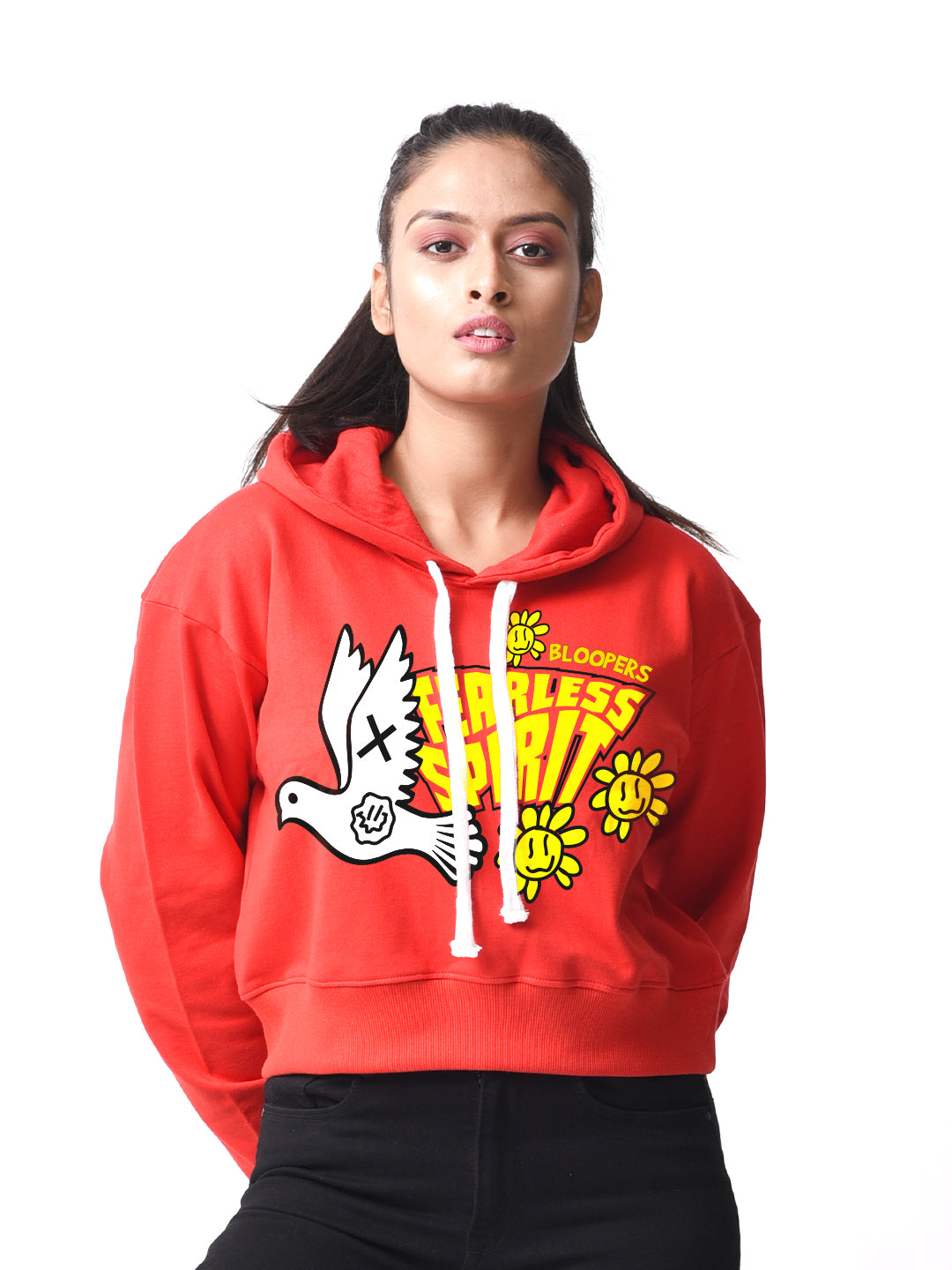 Fearless Sprit Red Graphic Printed Crop Hoodie