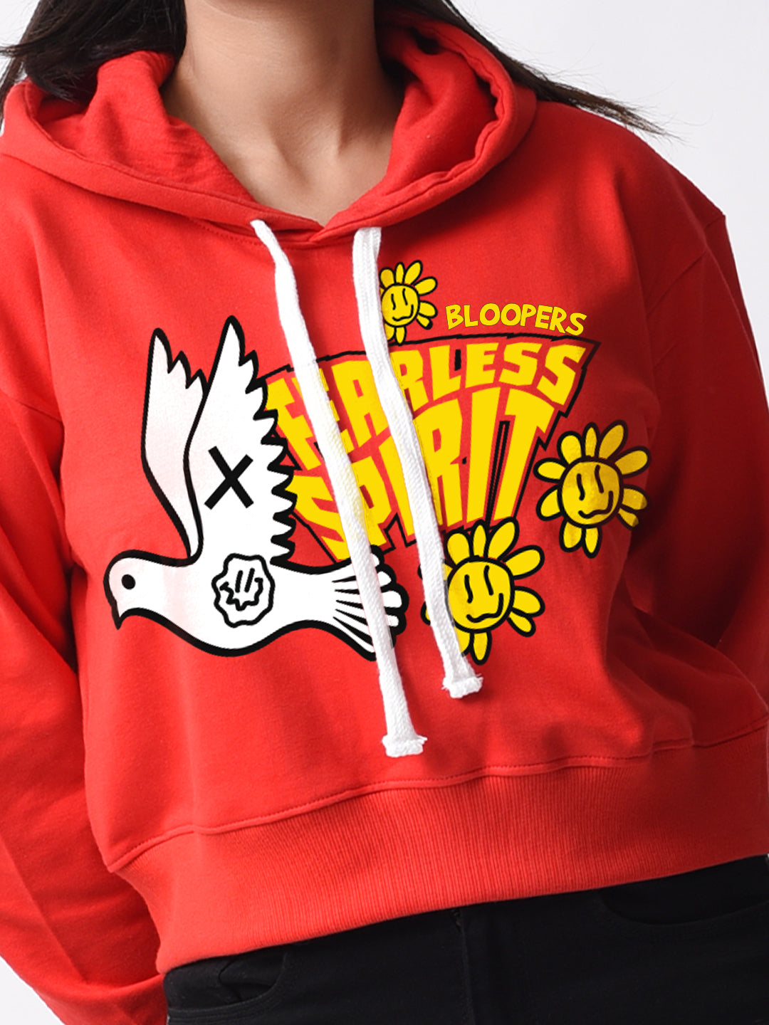 Fearless Sprit Red Graphic Printed Crop Hoodie