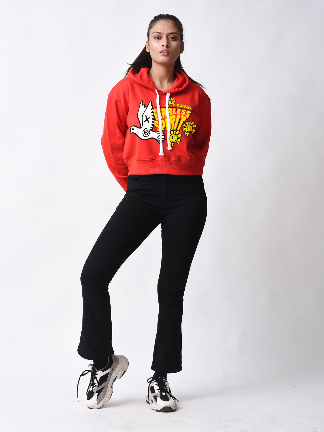 Fearless Sprit Red Graphic Printed Crop Hoodie