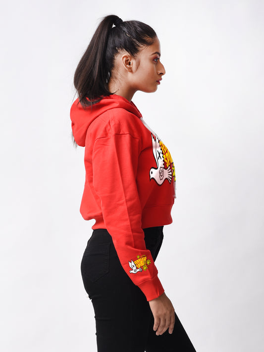 Fearless Sprit Red Graphic Printed Crop Hoodie