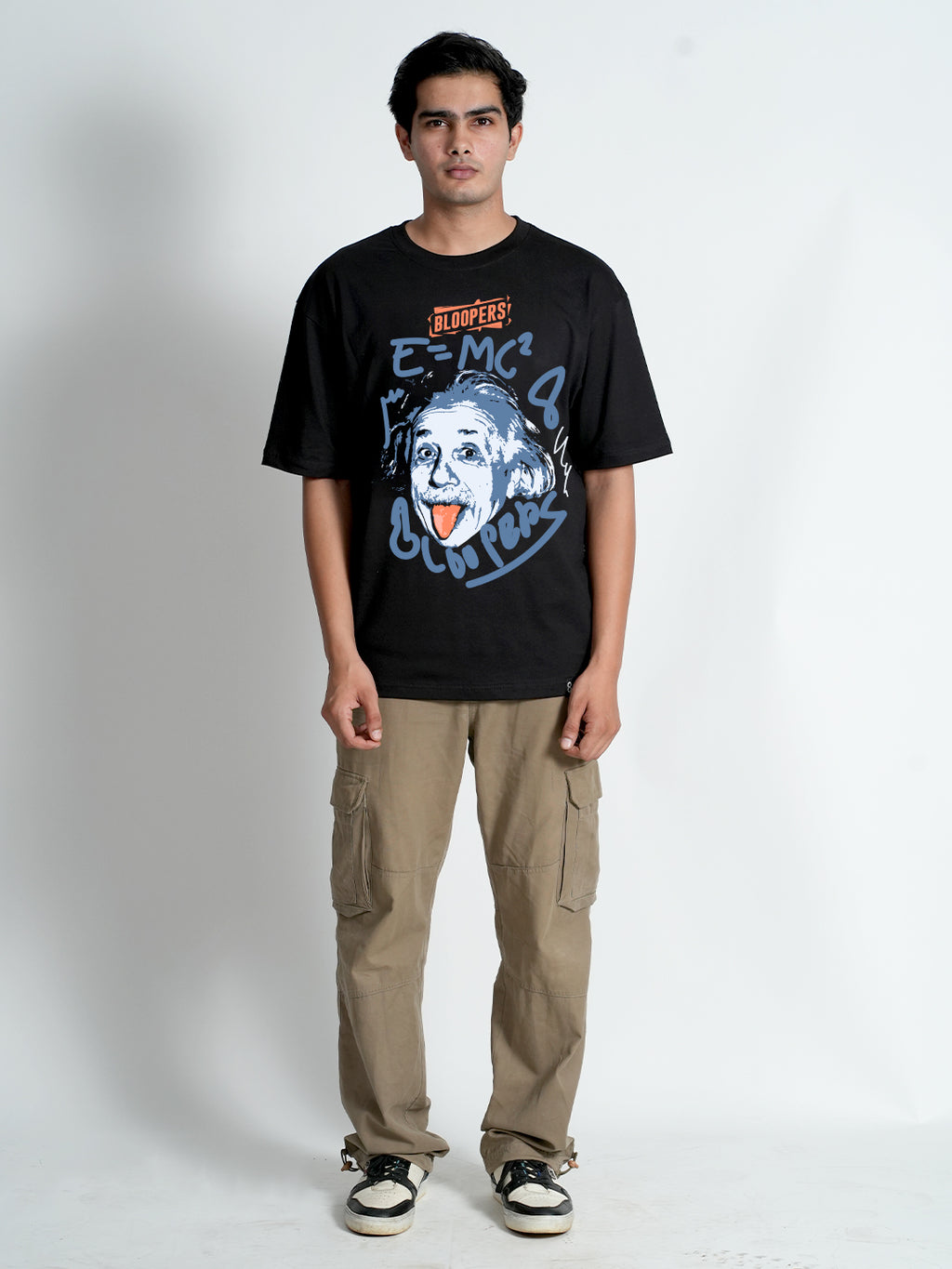 Bloopers E=MC'2 Black Graphic Printed Oversized T shirt For Men