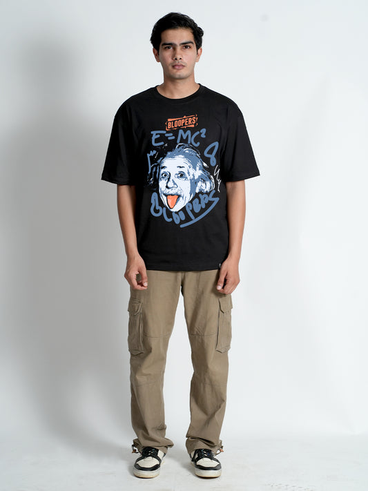 Bloopers E=MC'2 Black Graphic Printed Oversized T shirt For Men