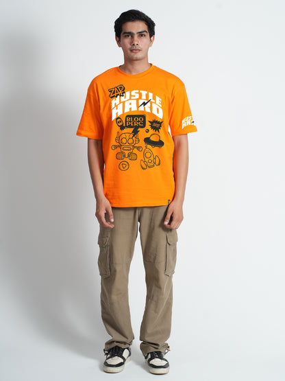 Hustle Hard Orange Oversized Drop shoulder T-shirt for Mens