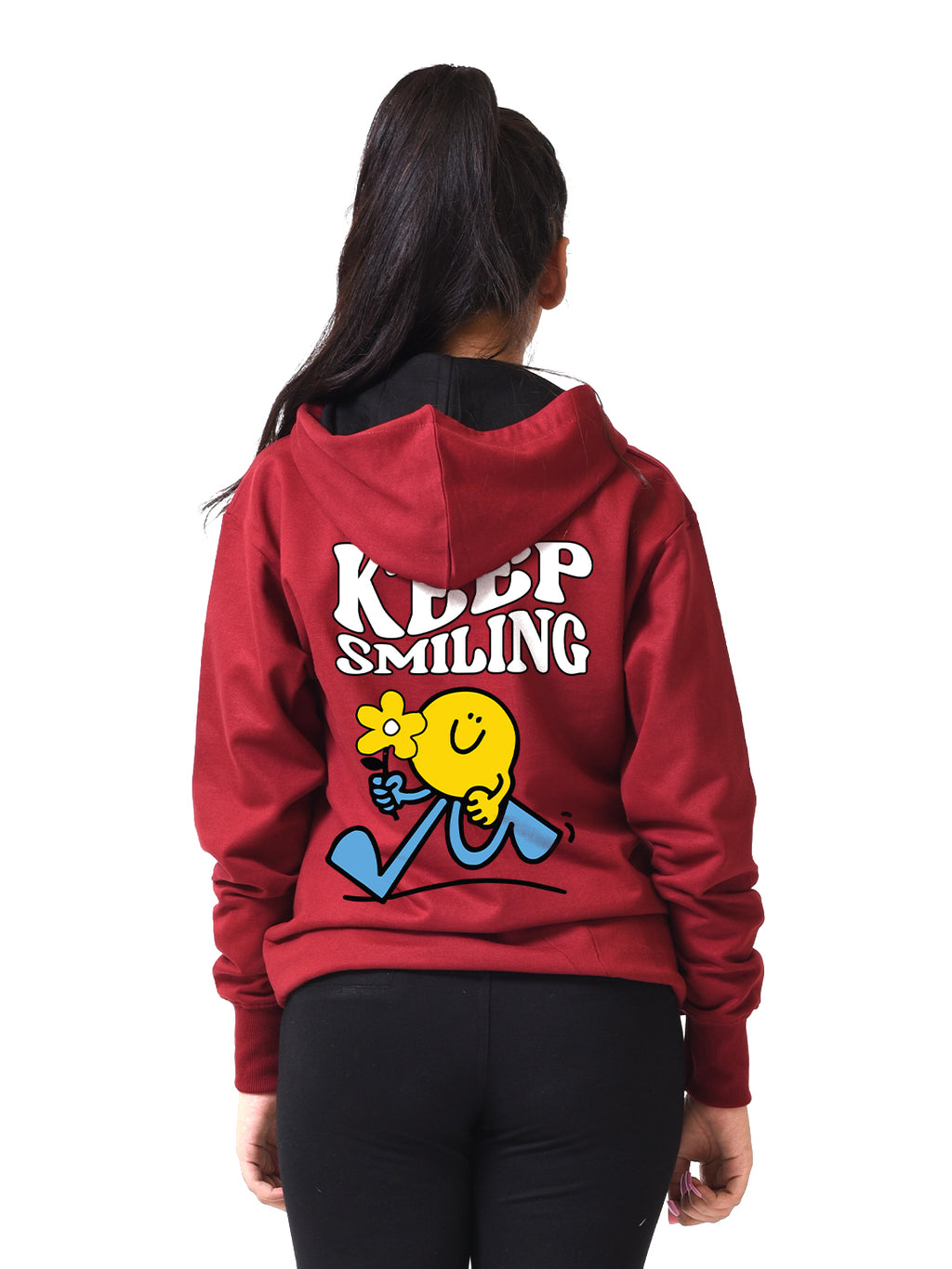 Keep Smiling Maroon Graphic Printed Hoodie For Women