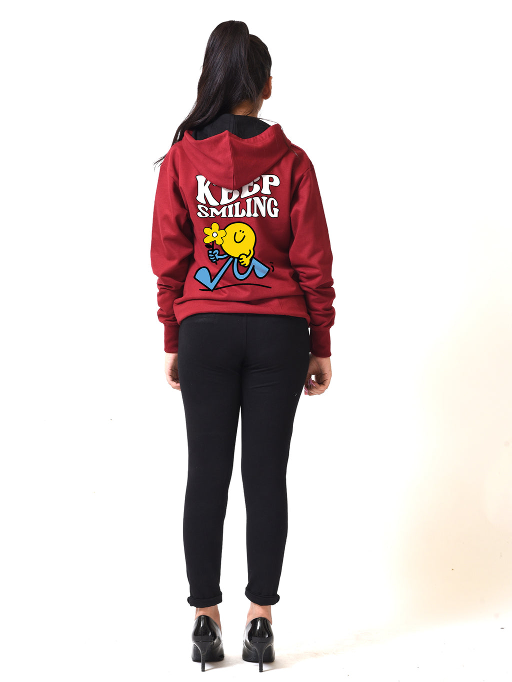 Keep Smiling Maroon Graphic Printed Hoodie For Women