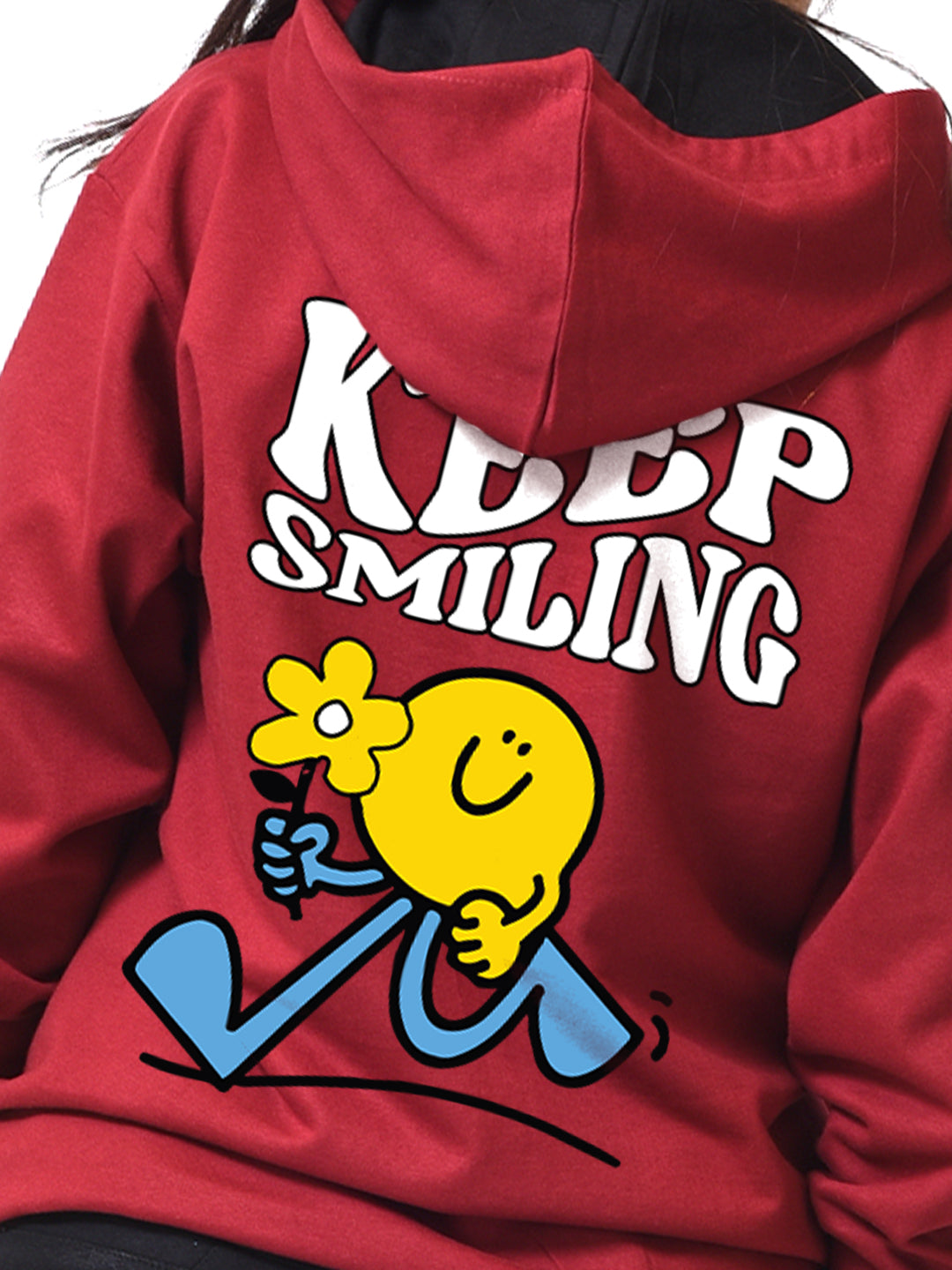 Keep Smiling Maroon Graphic Printed Hoodie For Women