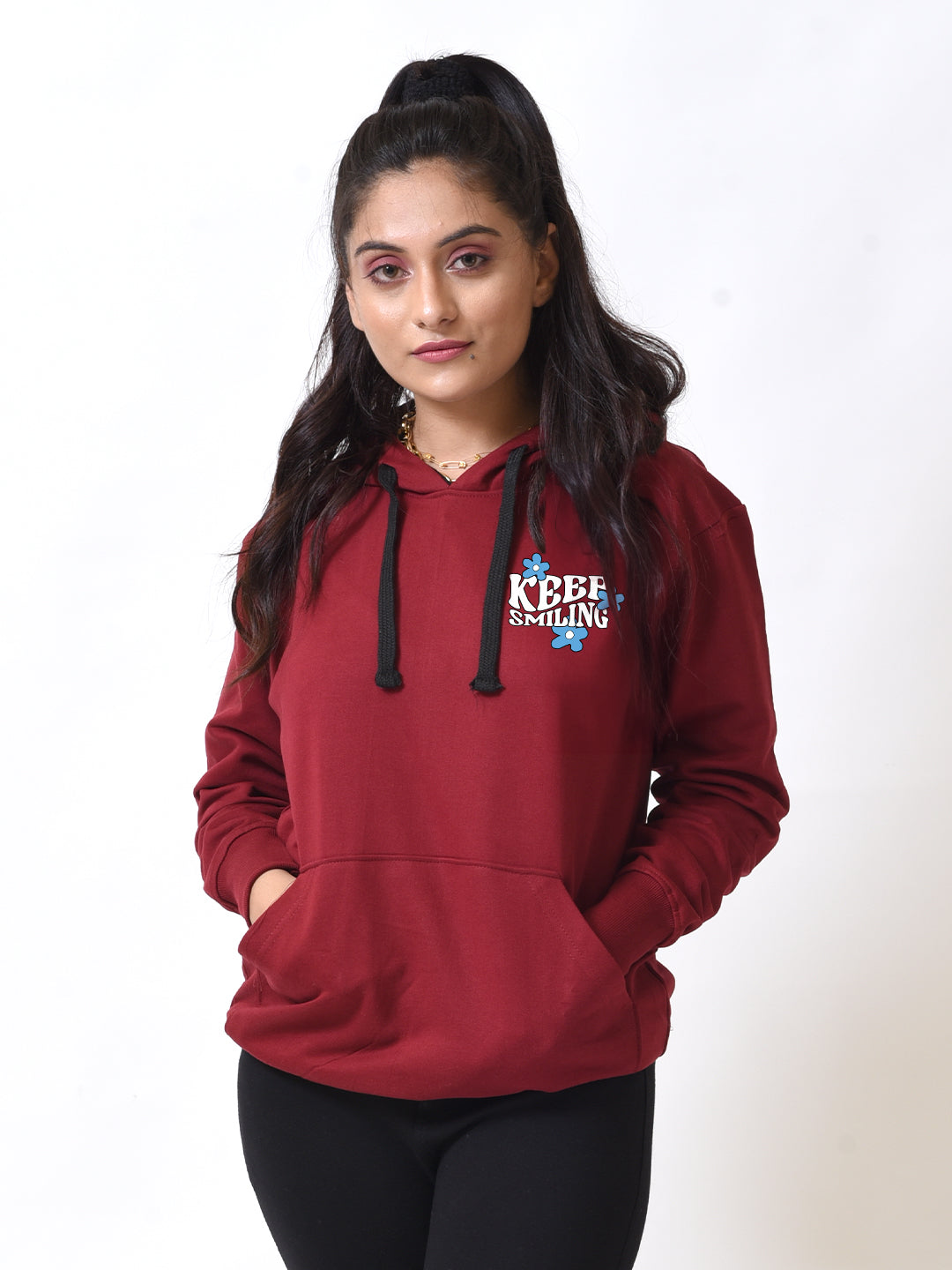 Keep Smiling Maroon Graphic Printed Hoodie For Women