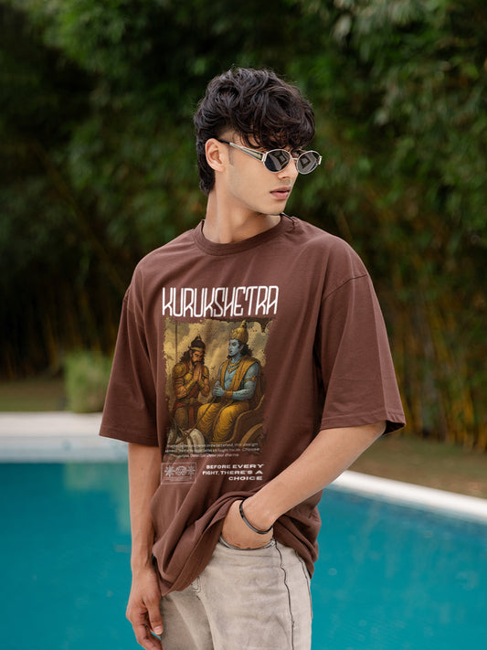 Kurukshetra Brown Oversized Casual Loose Fit Round neck T-shirt for men