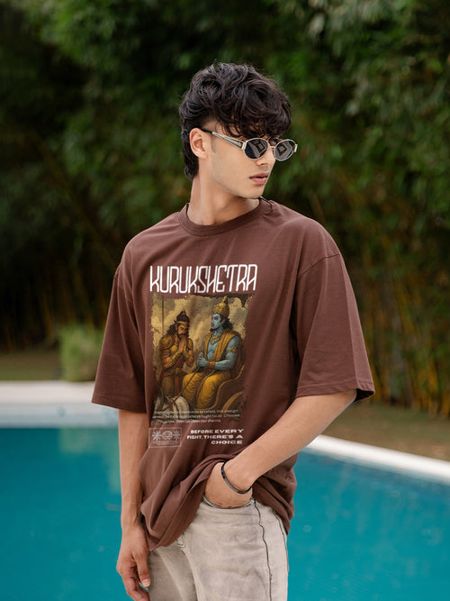Kurukshetra Brown Oversized Casual Loose Fit Round neck T-shirt for men