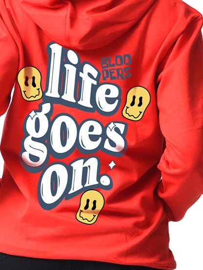 Life Goes On Red Trendy Winter Wear Printed Hoodie For Women