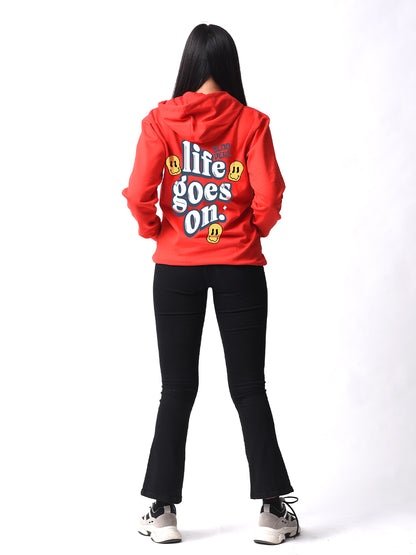 Life Goes On Red Trendy Winter Wear Printed Hoodie For Women