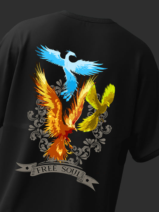 Free  Soul Black Oversized Drop shoulder Graphic Printed T-shirt For Men