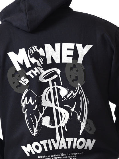 Money Motivation Black Printed Hoodies for Men's