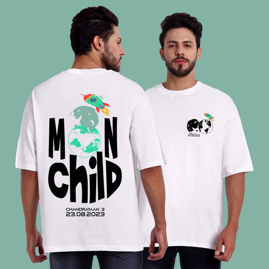 Moon child White BaggyFit Dropshoulder Roundneck T-shirt for Men