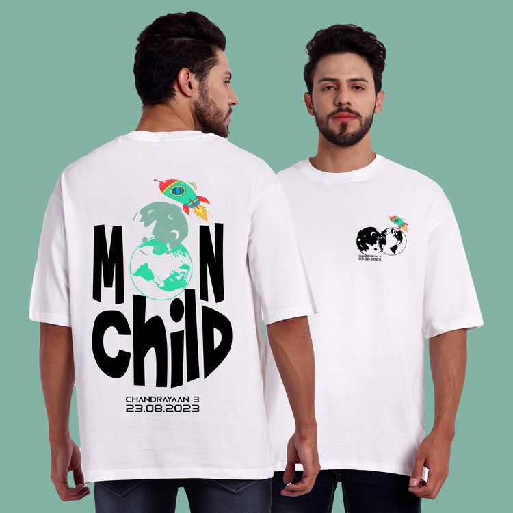 Moon child White BaggyFit Dropshoulder Roundneck T-shirt for Men