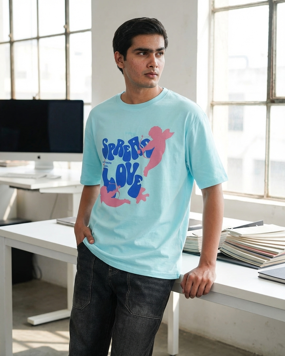 Spread Love men oversized roundneck skyblue t-shirt