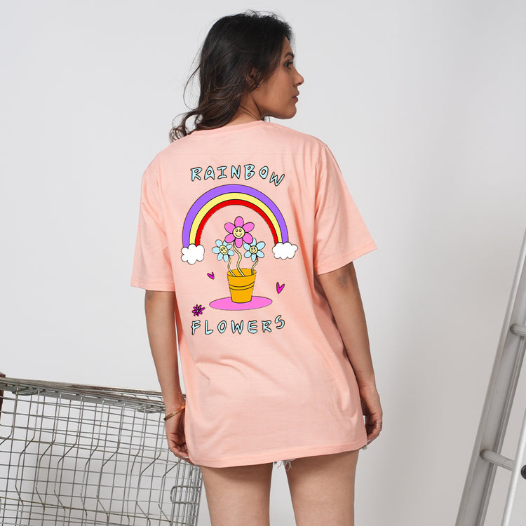 Rainbow flower peach oversized t-shirt for women