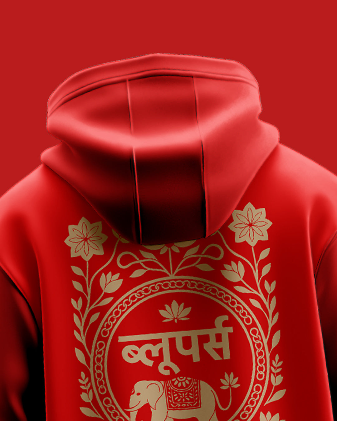 Red hoodie with white floral and emblem design