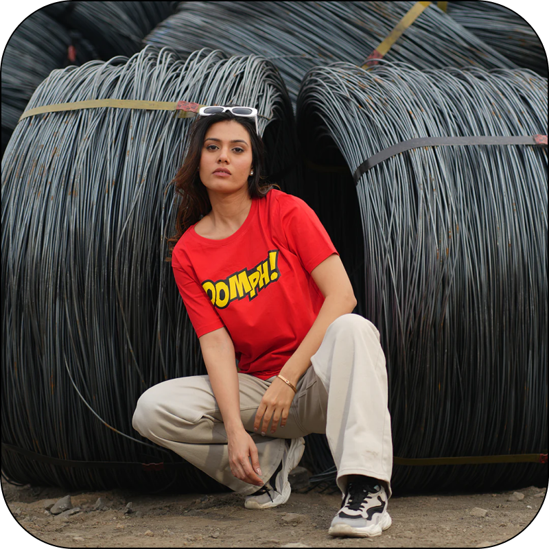 Woman in a red shirt with 'Doomph!' text 