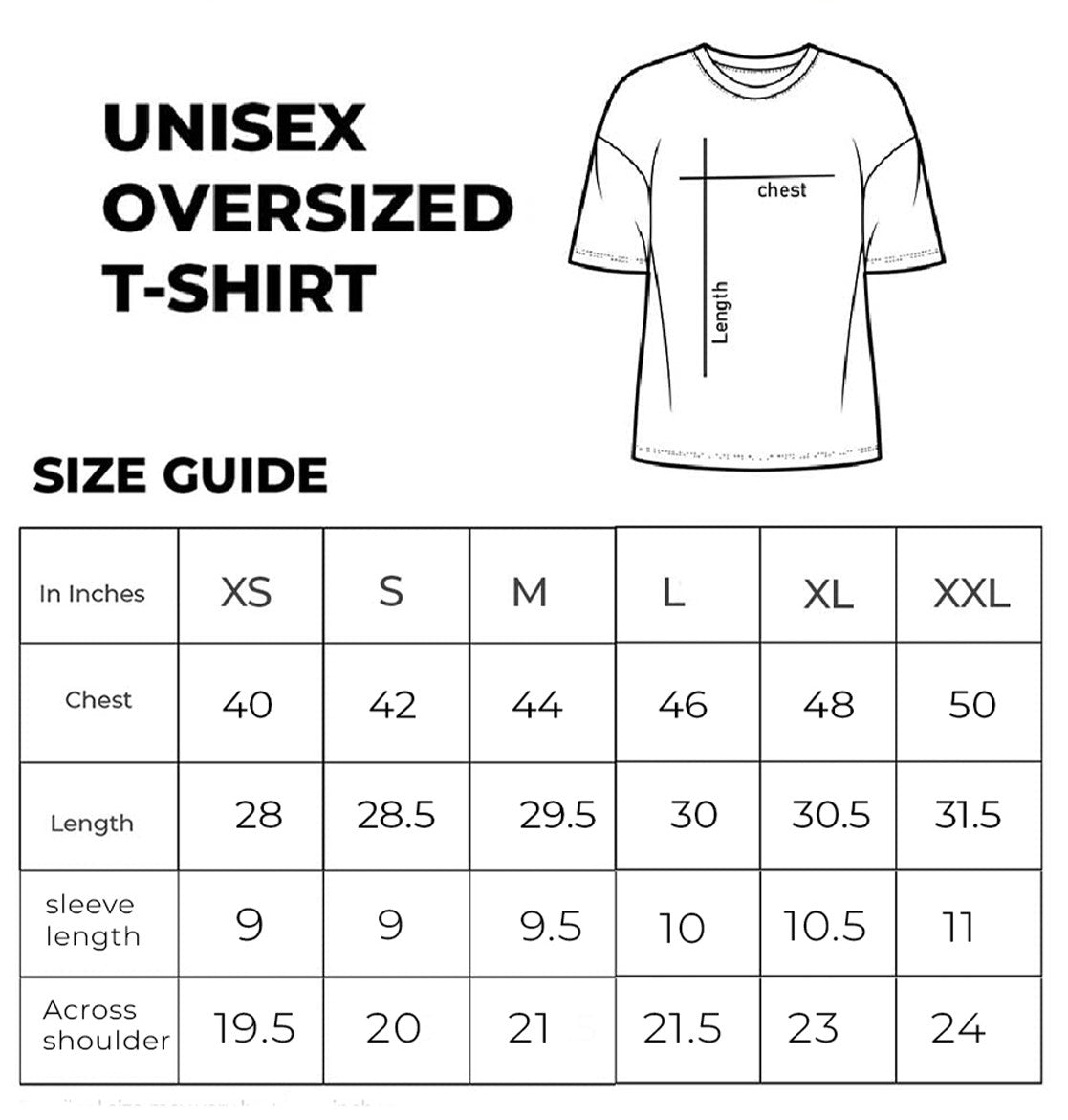 Unisex oversized t-shirt size guide with measurements.