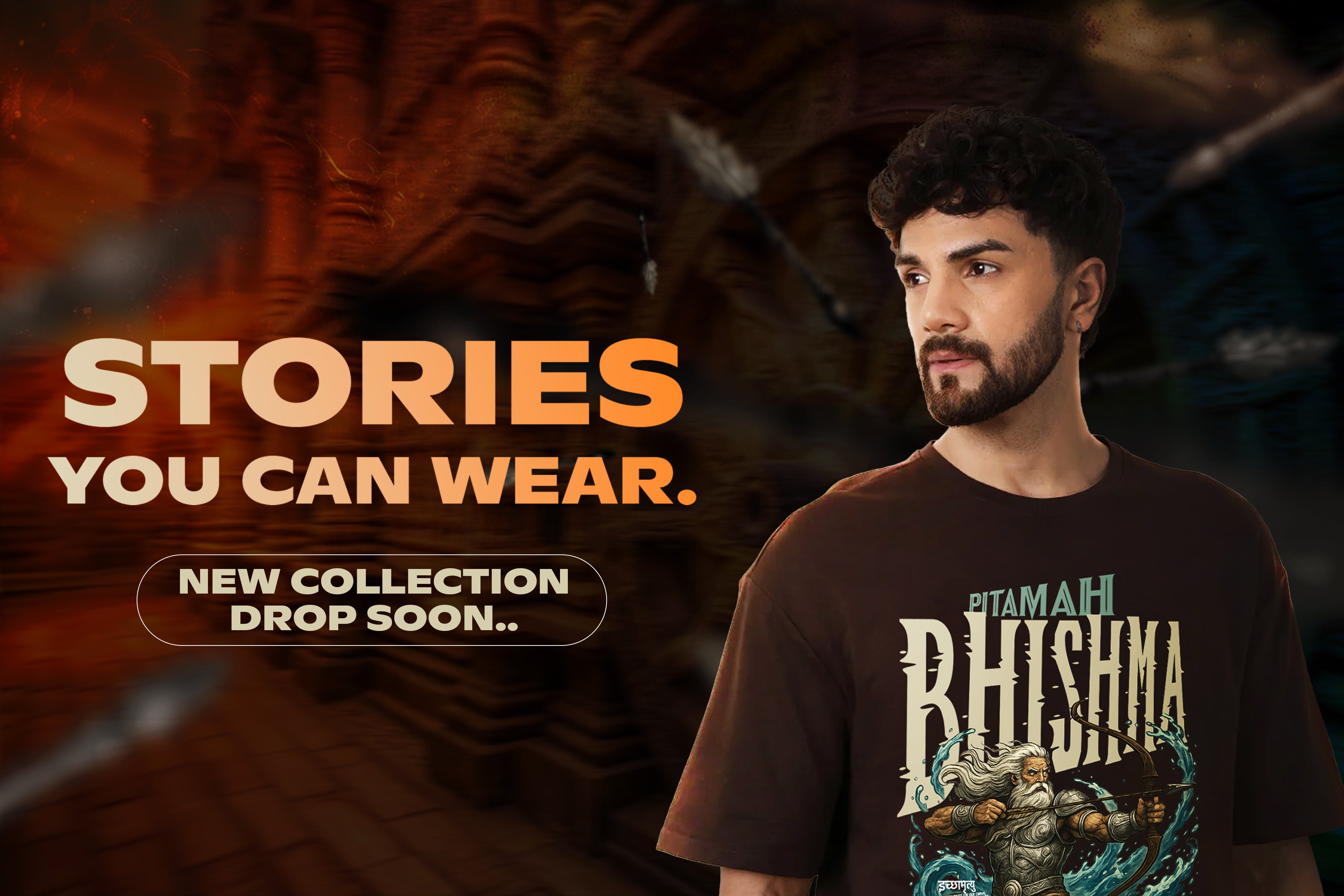 Man wearing a t-shirt with 'Bhishma' design and promotional text for a new collection.