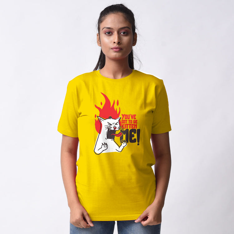 Kitten yellow regular-fit half sleeve t-shirt for women