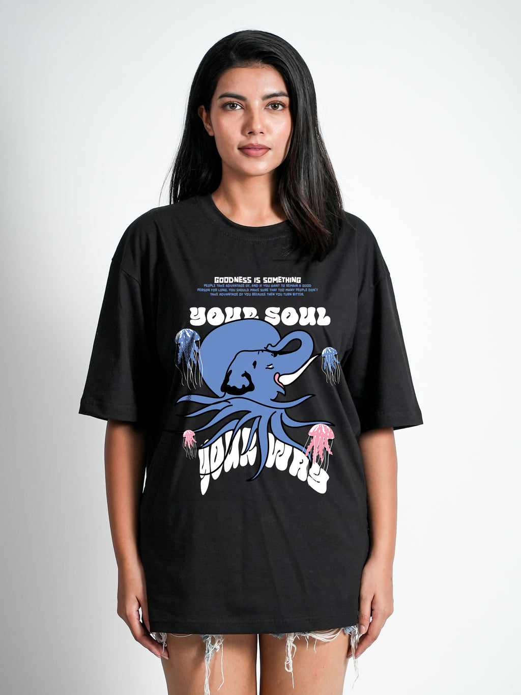 Your Soul Black Oversized cotton Blend Dropshoulder T-shirt for Women