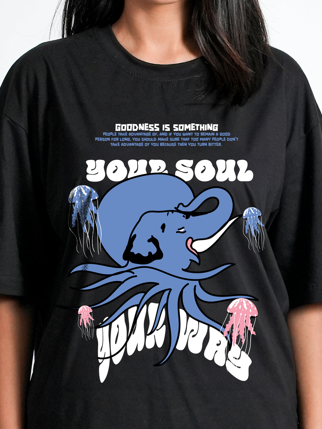 Your Soul Black Oversized cotton Blend Dropshoulder T-shirt for Women